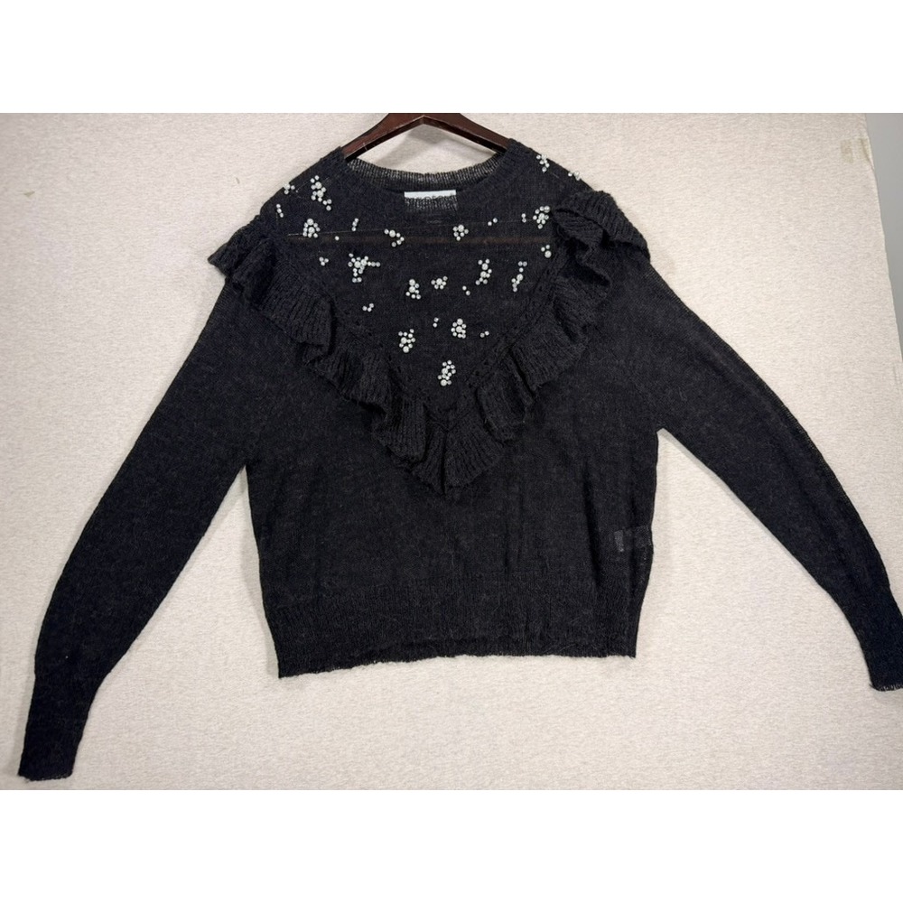 Wildfox Ruffle Pearl Embellished Sweater Womens S Charcoal Gray Excellent Alpaca